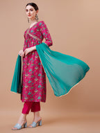 Alia Cut Embroidered & Floral Printed Kurta With Pant & Dupatta, Multicolor - Hiral Fashion
