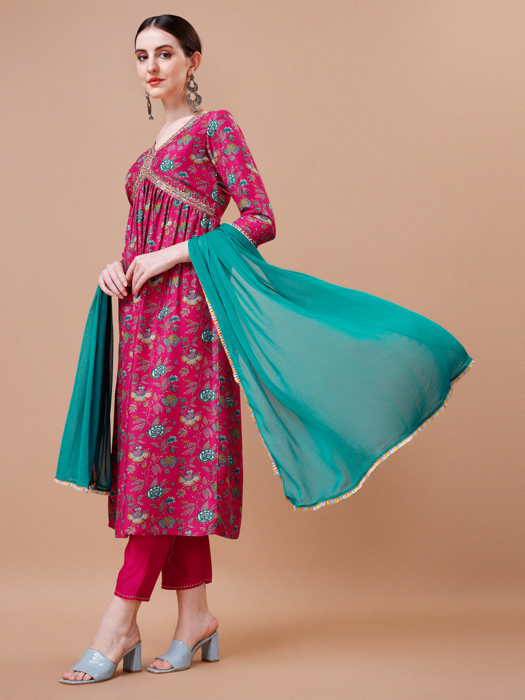 Alia Cut Embroidered & Floral Printed Kurta With Pant & Dupatta, Multicolor - Hiral Fashion