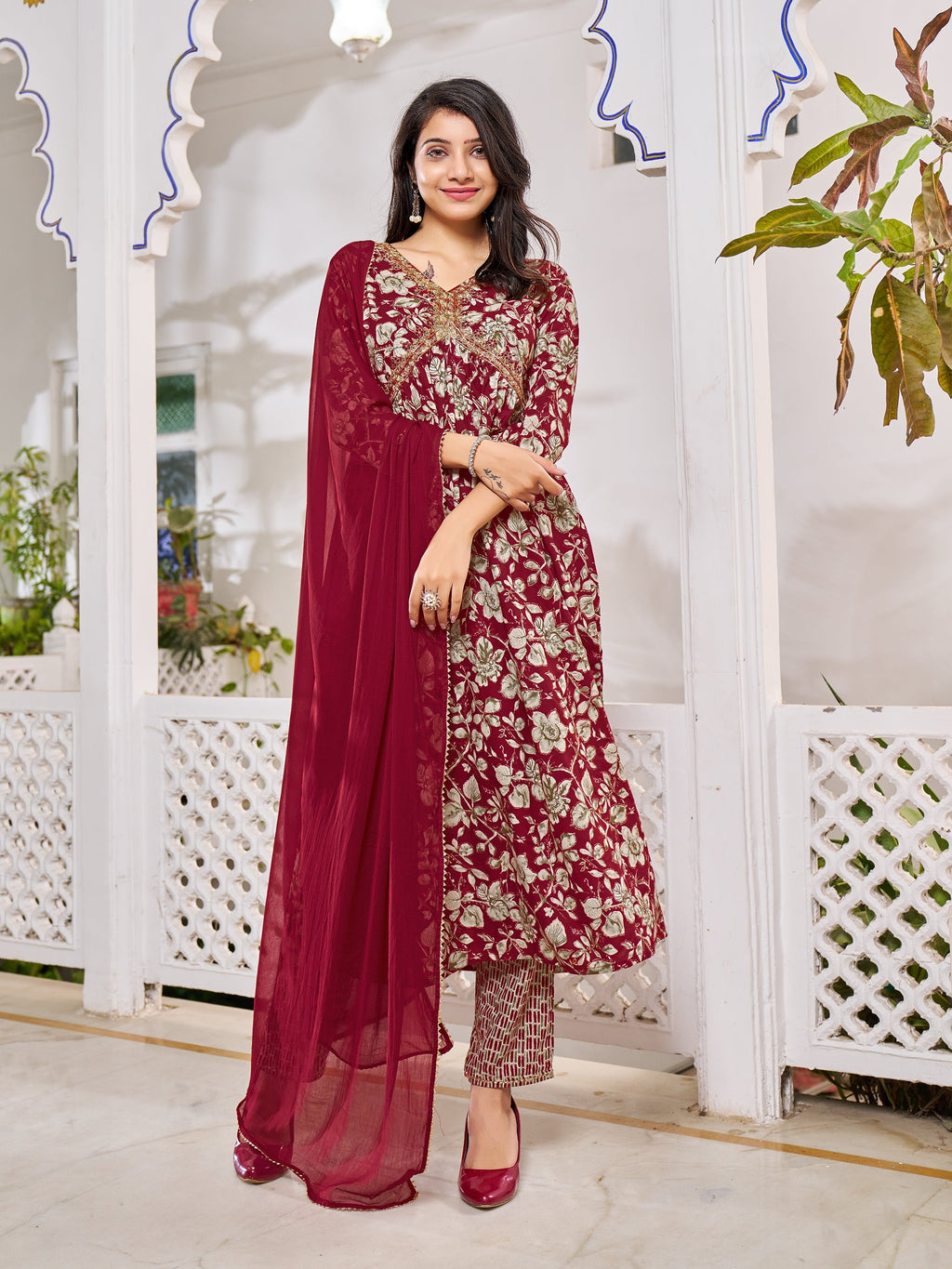 Alia Cut Floral Embroidered Kurta With Pant & Dupatta, Multicolor - Hiral Fashion