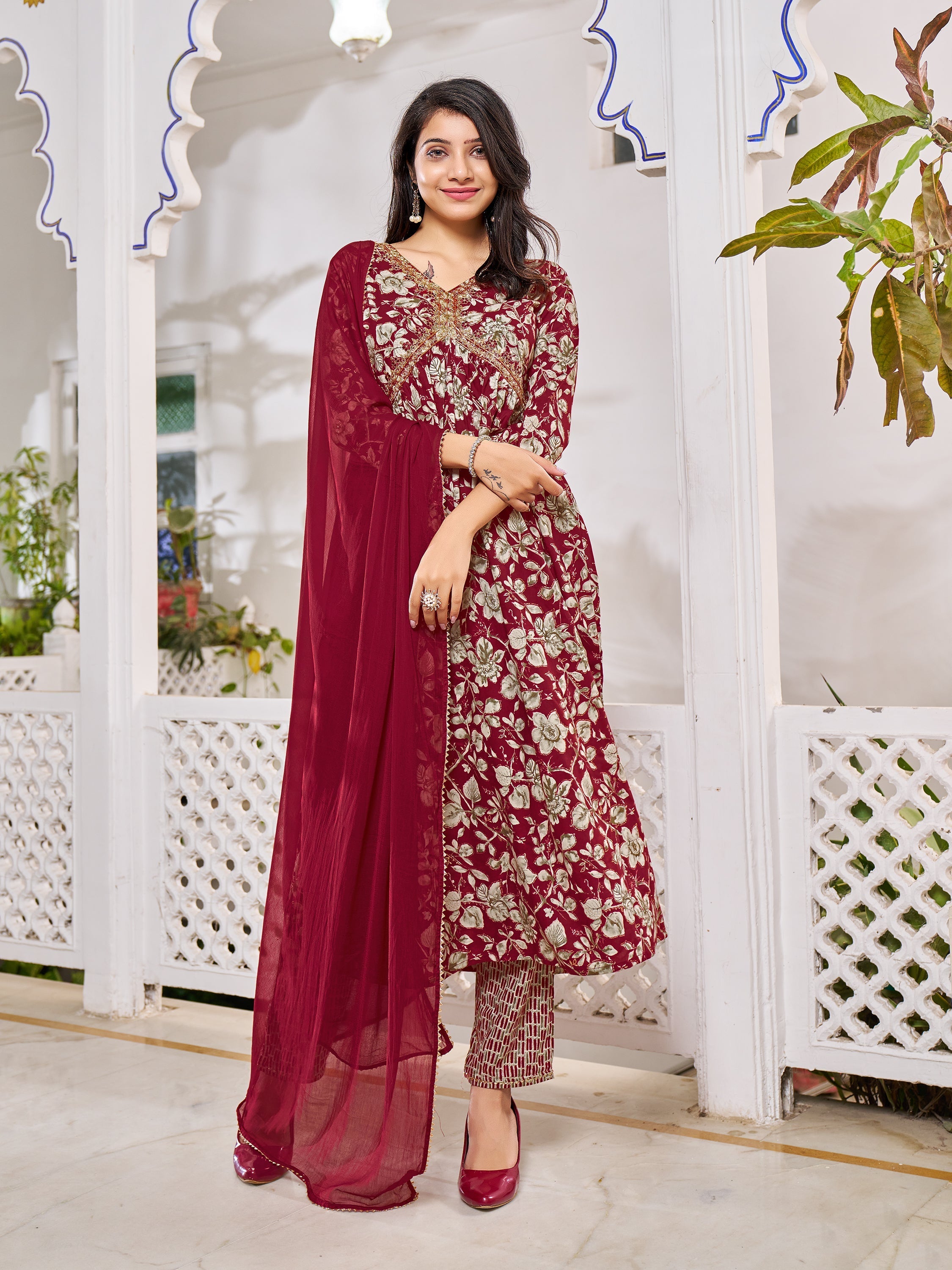 Alia Cut Floral Embroidered Kurta With Pant & Dupatta, Multicolor - Hiral Fashion
