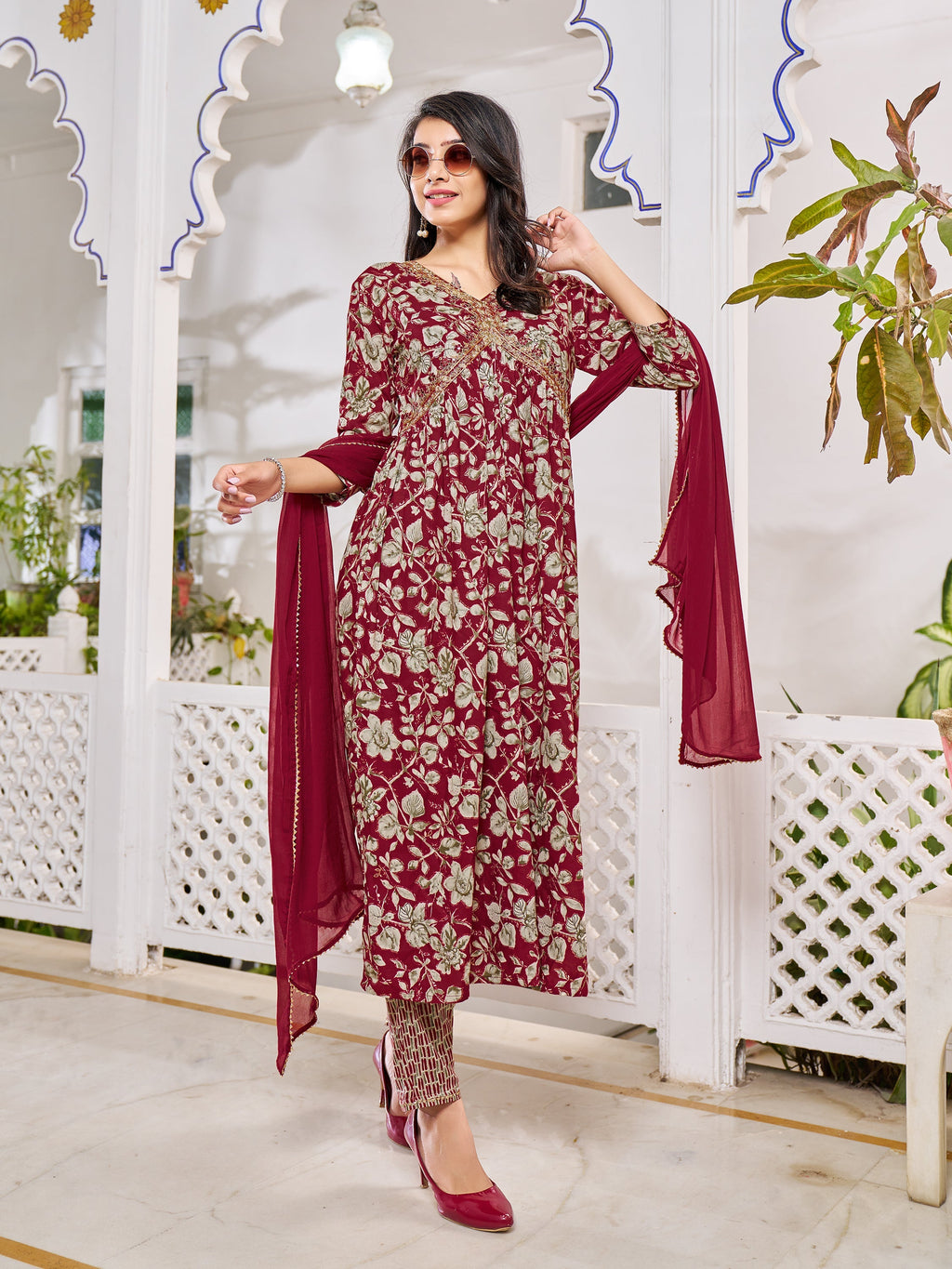 Alia Cut Floral Embroidered Kurta With Pant & Dupatta, Multicolor - Hiral Fashion