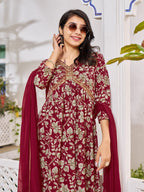 Alia Cut Floral Embroidered Kurta With Pant & Dupatta, Multicolor - Hiral Fashion