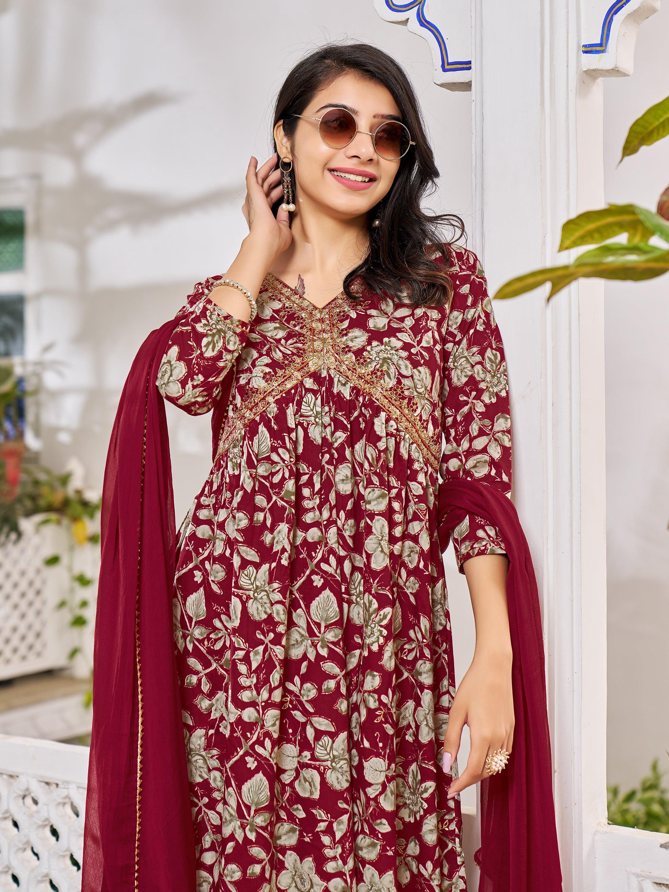 Alia Cut Floral Embroidered Kurta With Pant & Dupatta, Multicolor - Hiral Fashion