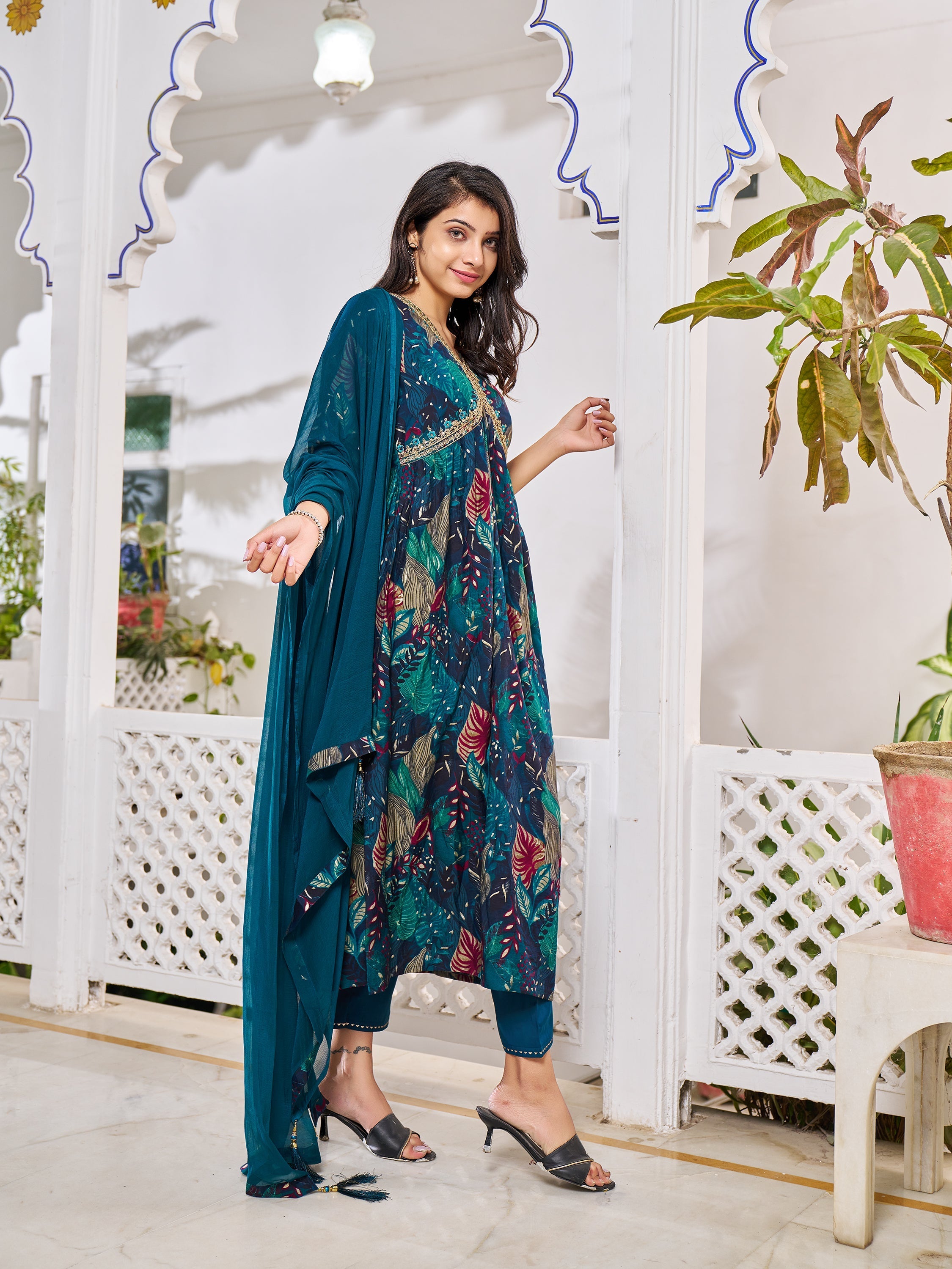 Alia Cut Embroidered & Floral Printed Kurta With Pant & Dupatta, Multicolor - Hiral Fashion