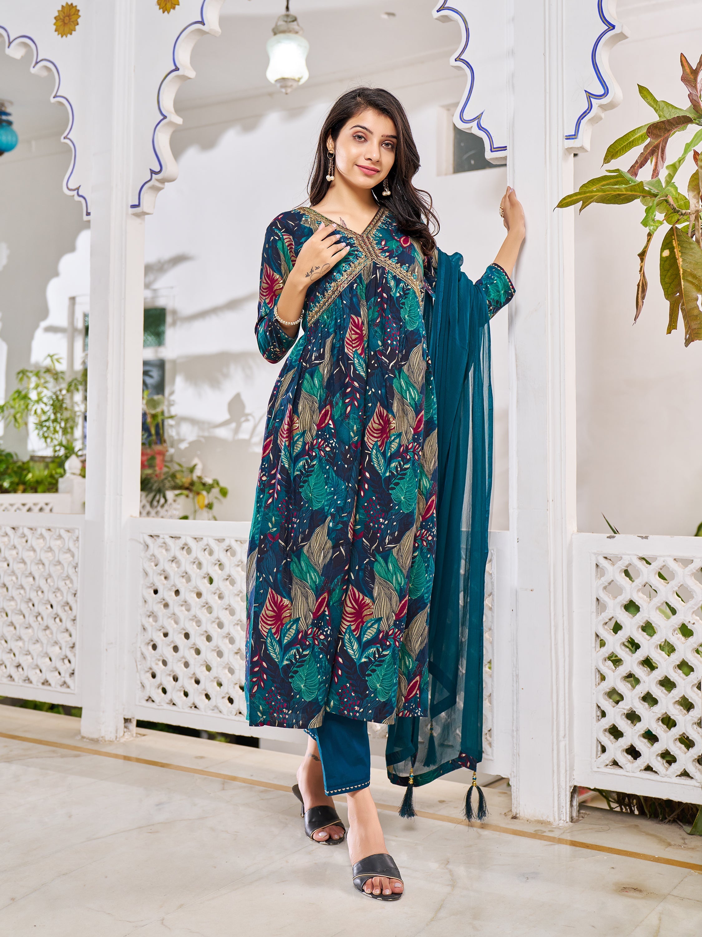 Alia Cut Embroidered & Floral Printed Kurta With Pant & Dupatta, Multicolor - Hiral Fashion