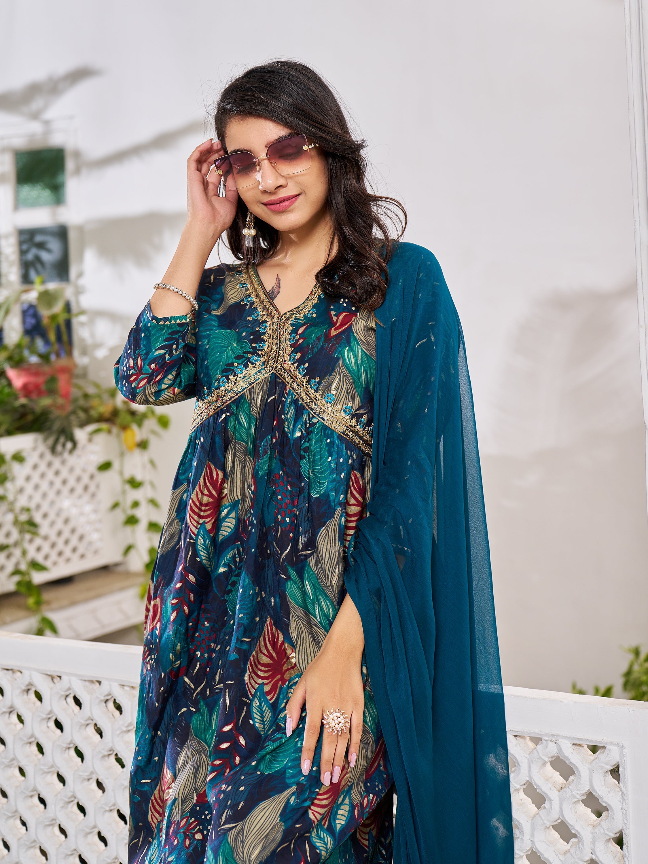 Alia Cut Embroidered & Floral Printed Kurta With Pant & Dupatta, Multicolor - Hiral Fashion