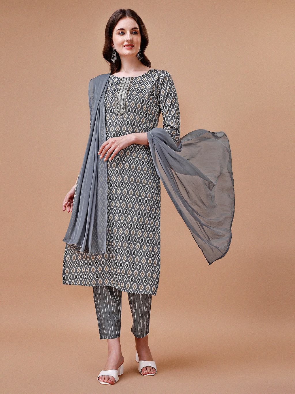 Ethnic Motifs Printed Cotton Kurta With Pant & Dupatta, Multicolor - Hiral Fashion - Distacart