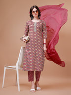 Ethnic Motifs Printed Cotton Kurta With Pant & Dupatta, Multicolor - Hiral Fashion - Distacart