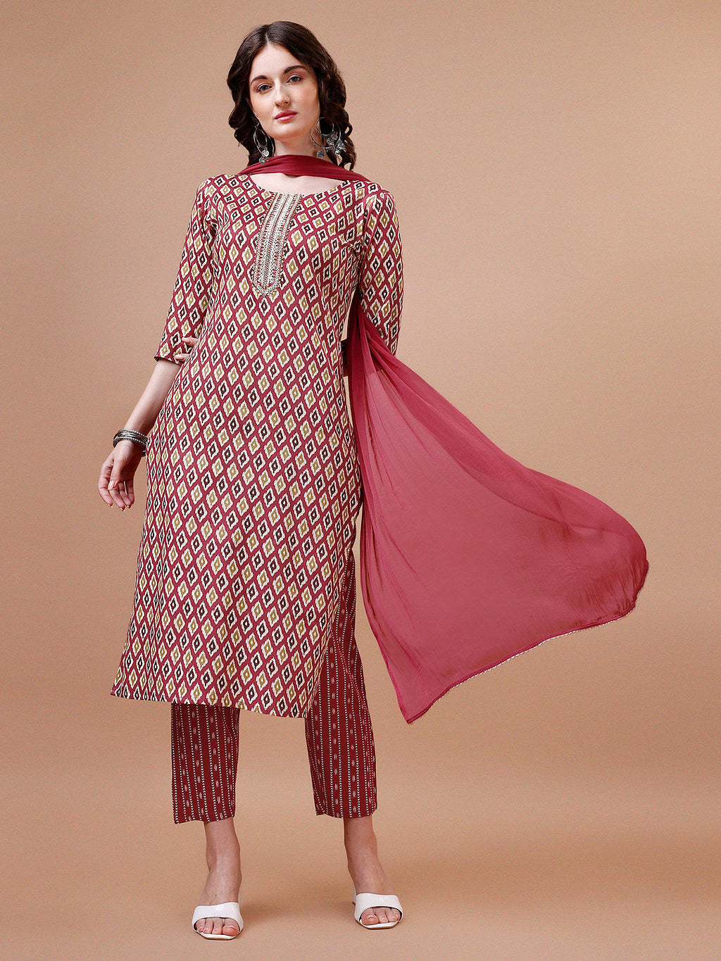Ethnic Motifs Printed Cotton Kurta With Pant & Dupatta, Multicolor - Hiral Fashion - Distacart