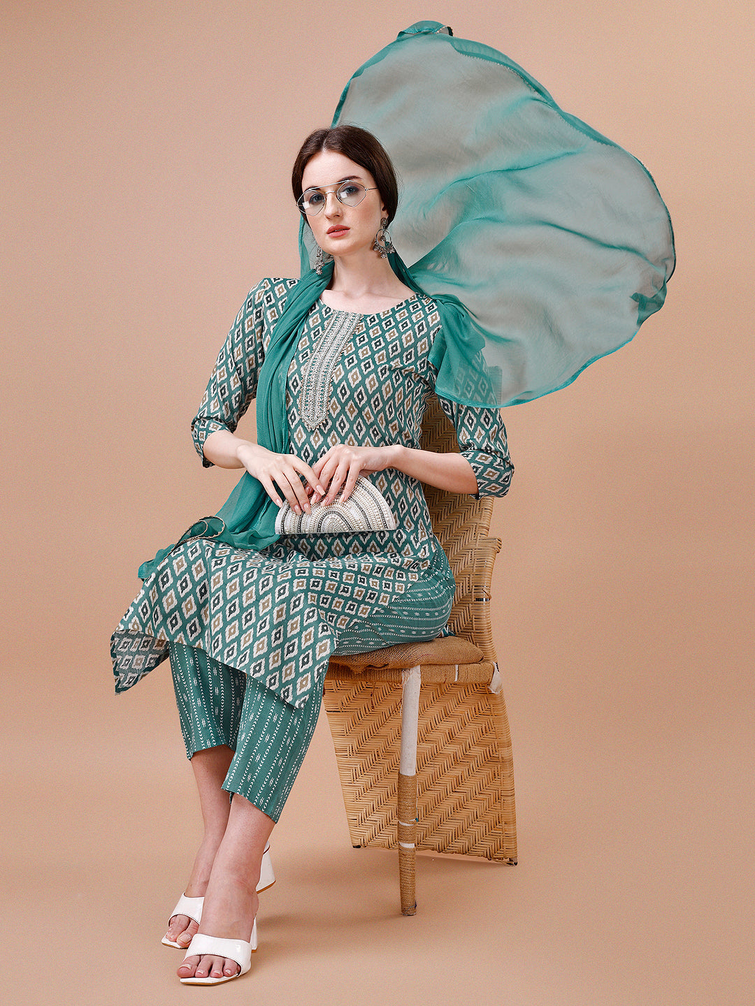 Ethnic Motifs Printed Cotton Kurta With Pant & Dupatta, Multicolor - Hiral Fashion - Distacart