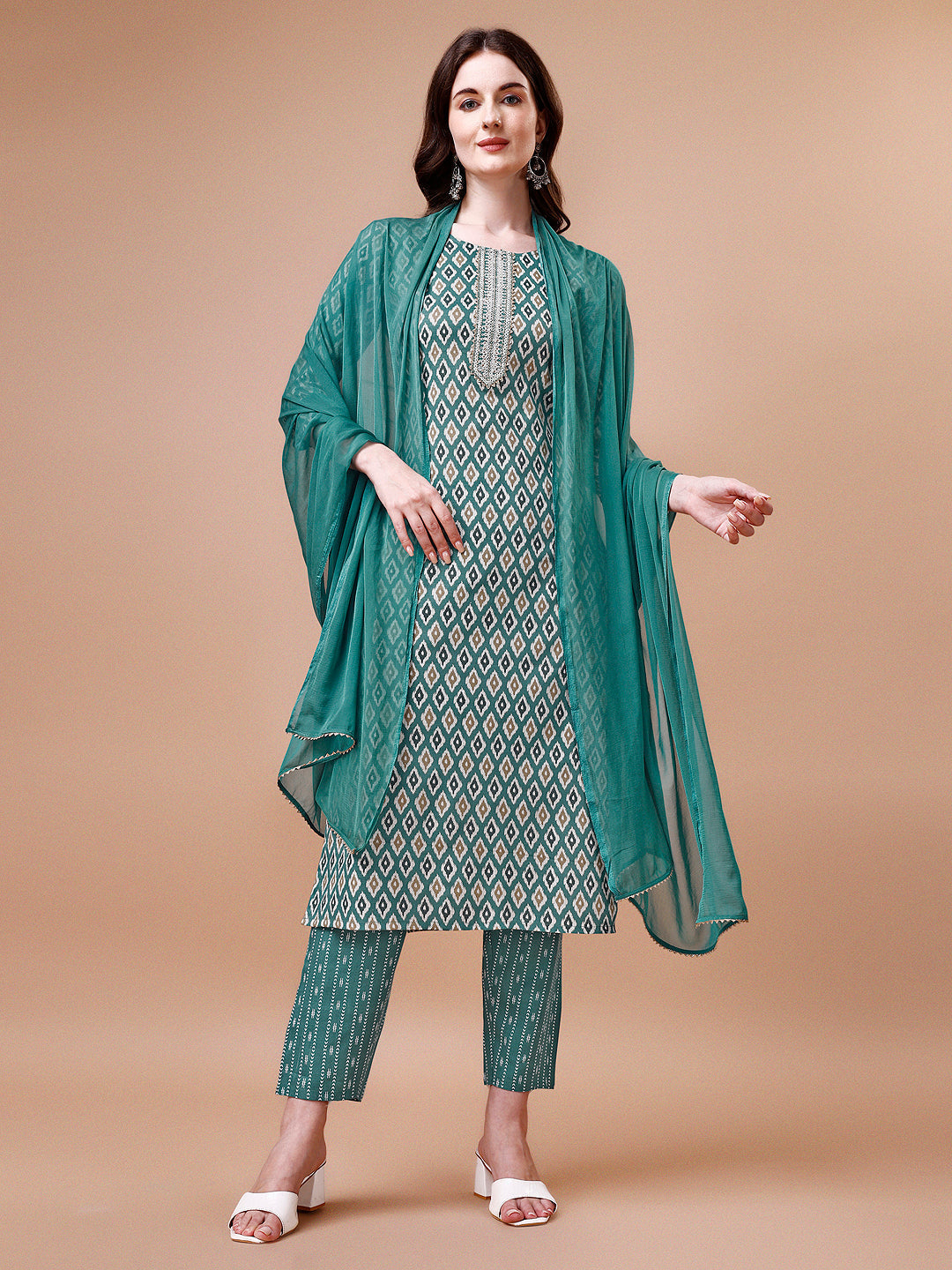 Ethnic Motifs Printed Cotton Kurta With Pant & Dupatta, Multicolor - Hiral Fashion - Distacart