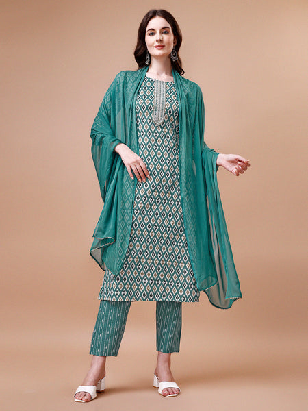 Ethnic Motifs Printed Cotton Kurta With Pant & Dupatta, Multicolor - Hiral Fashion