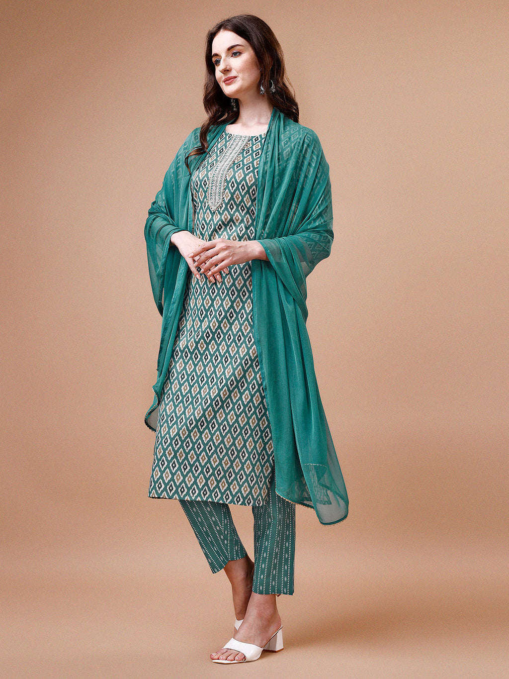 Ethnic Motifs Printed Cotton Kurta With Pant & Dupatta, Multicolor - Hiral Fashion - Distacart