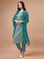 Ethnic Motifs Printed Cotton Kurta With Pant & Dupatta, Multicolor - Hiral Fashion - Distacart