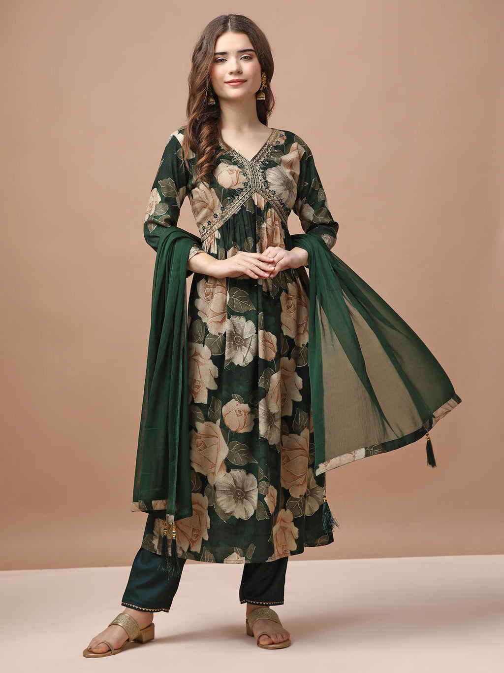Alia Cut Rayon Embroidered & Floral Printed Kurta With Pant & Dupatta Premium, Multicolor - Hiral Fashion - Distacart