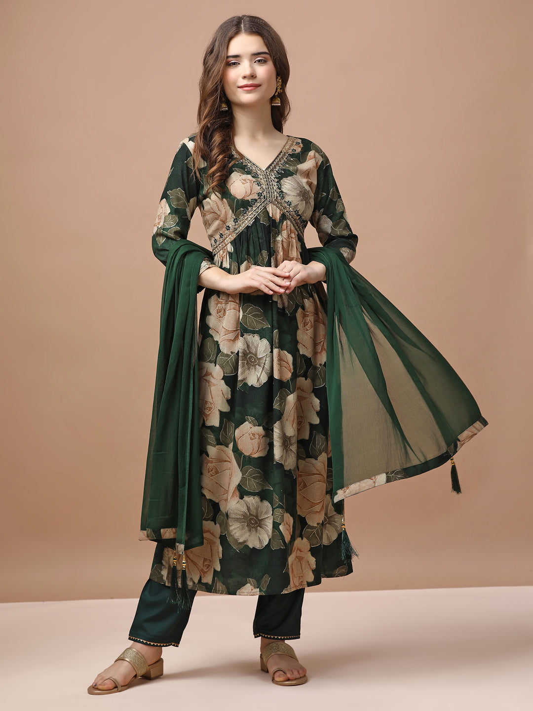 Alia Cut Rayon Embroidered & Floral Printed Kurta With Pant & Dupatta Premium, Multicolor - Hiral Fashion - Distacart