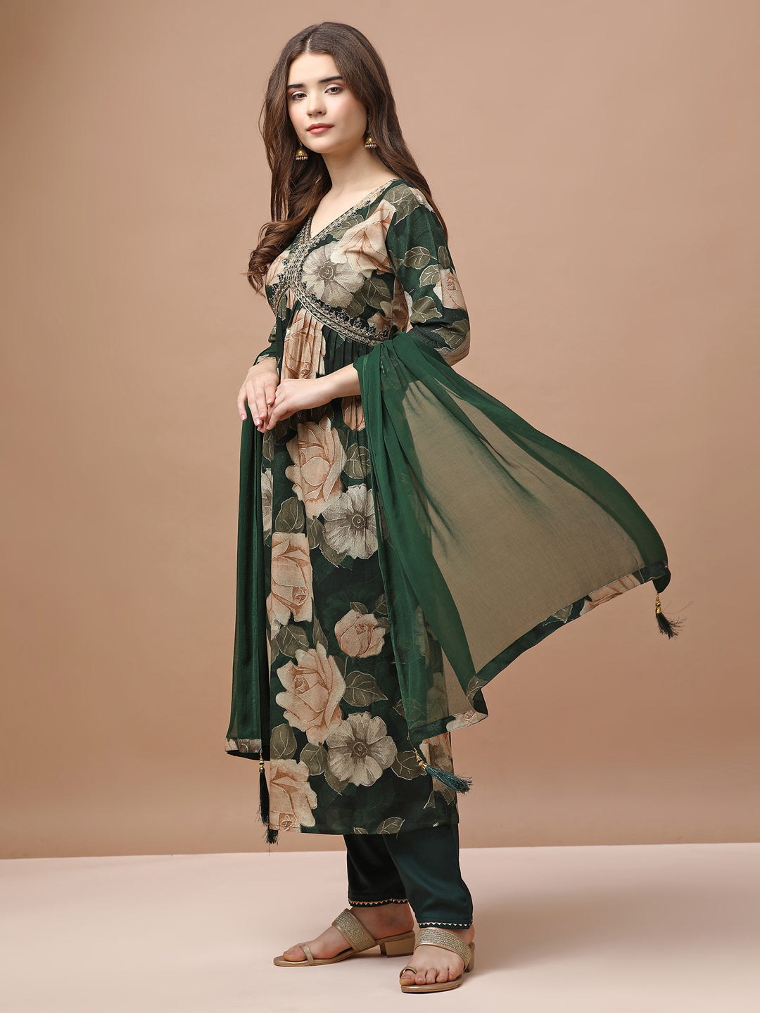 Alia Cut Rayon Embroidered & Floral Printed Kurta With Pant & Dupatta Premium, Multicolor - Hiral Fashion - Distacart