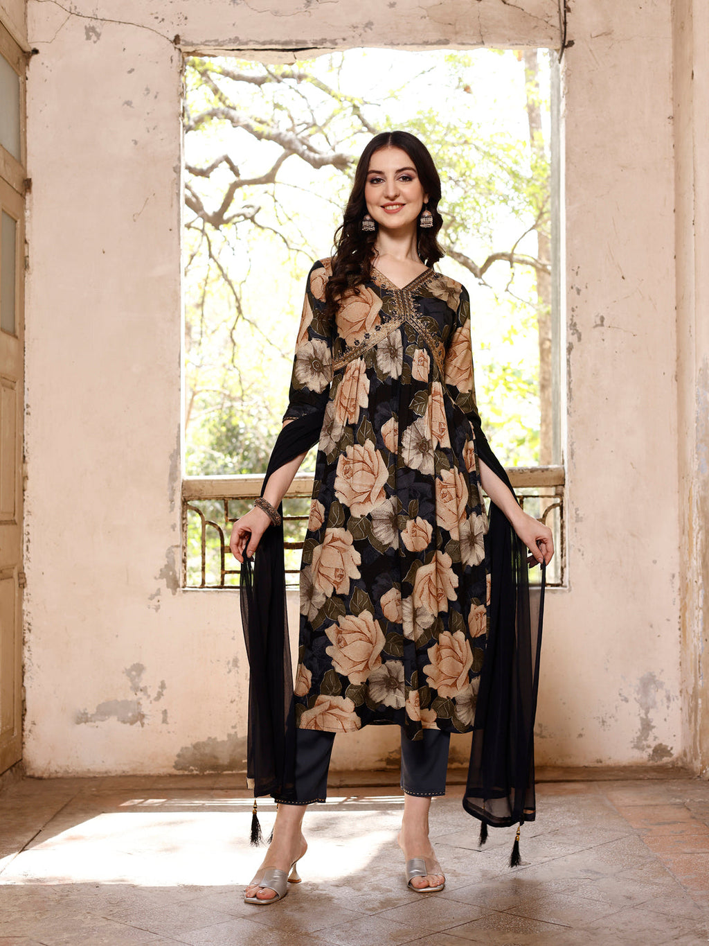 Alia Cut Rayon Embroidered & Floral Printed Kurta With Pant & Dupatta, Multicolor - Hiral Fashion - Distacart