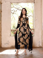Alia Cut Rayon Embroidered & Floral Printed Kurta With Pant & Dupatta, Multicolor - Hiral Fashion - Distacart