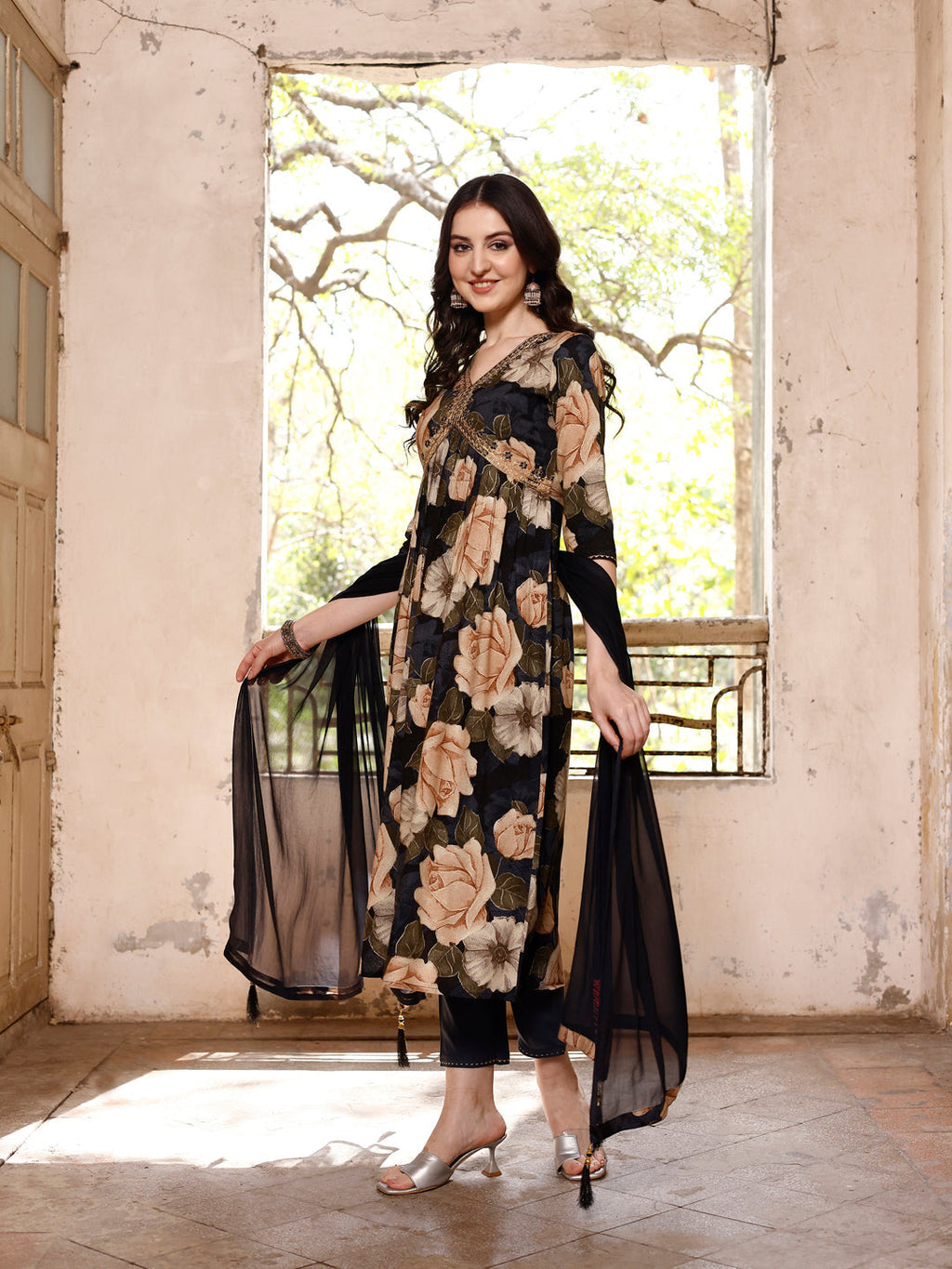 Alia Cut Rayon Embroidered & Floral Printed Kurta With Pant & Dupatta, Multicolor - Hiral Fashion - Distacart