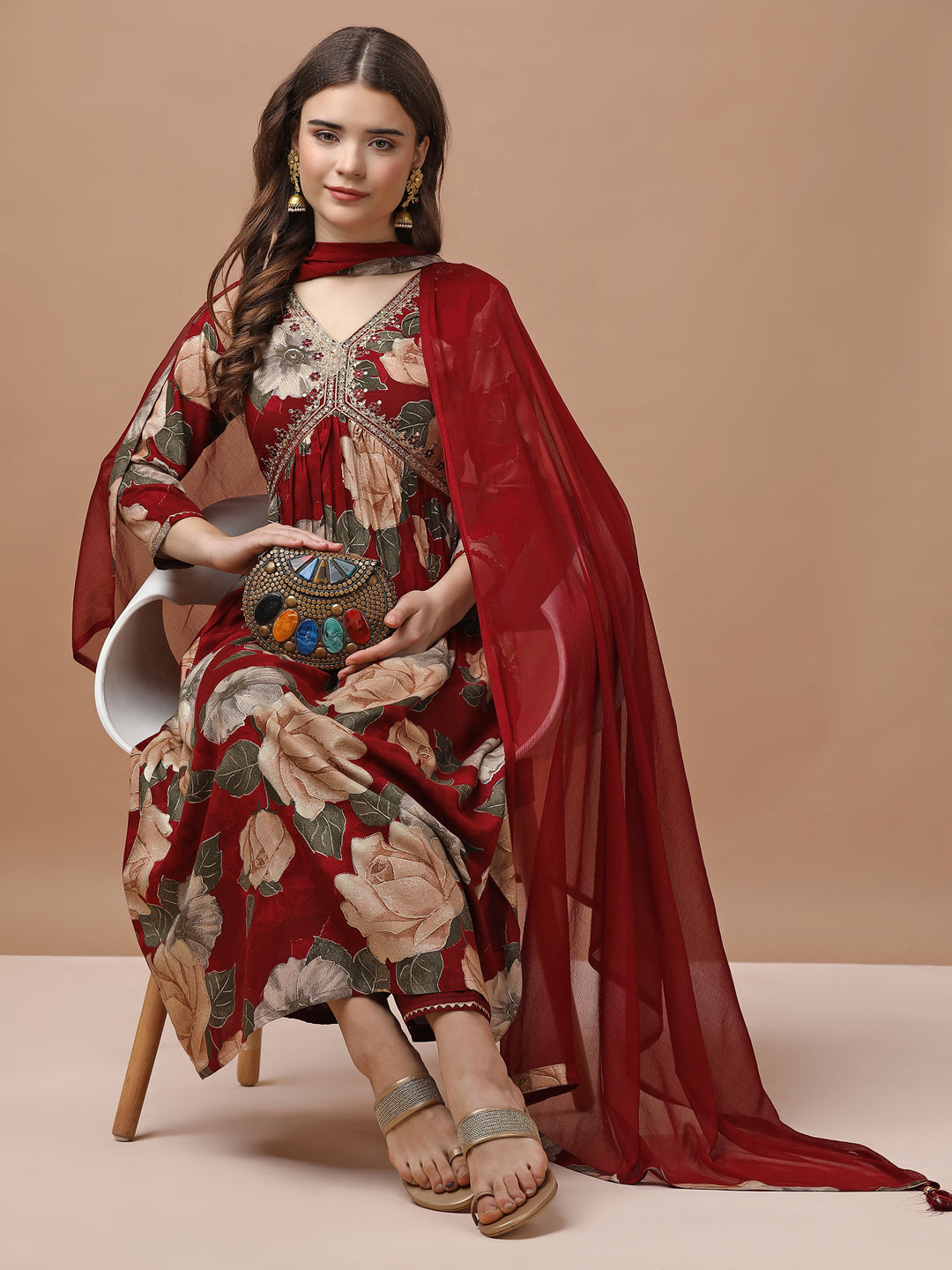 Alia Cut Rayon Embroidered & Floral Printed Kurta With Pant & Dupatta Premium, Multicolor - Hiral Fashion - Distacart