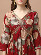 Alia Cut Rayon Embroidered & Floral Printed Kurta With Pant & Dupatta Premium, Multicolor - Hiral Fashion - Distacart