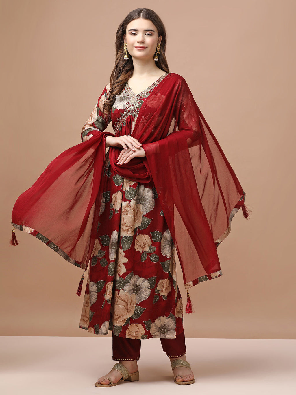 Alia Cut Rayon Embroidered & Floral Printed Kurta With Pant & Dupatta Premium, Multicolor - Hiral Fashion - Distacart