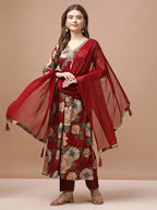 Alia Cut Rayon Embroidered & Floral Printed Kurta With Pant & Dupatta Premium, Multicolor - Hiral Fashion - Distacart