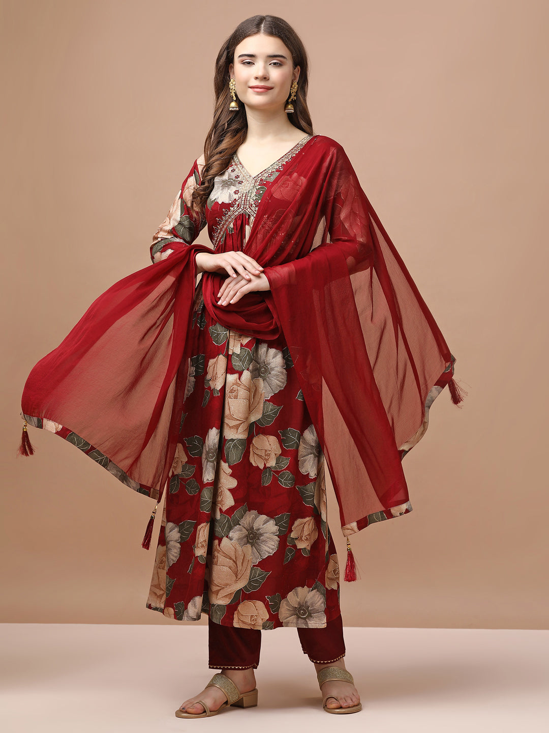 Alia Cut Rayon Embroidered & Floral Printed Kurta With Pant & Dupatta Premium, Multicolor - Hiral Fashion - Distacart