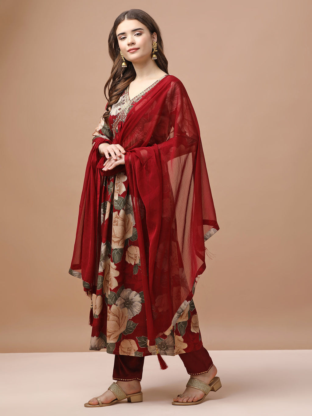 Alia Cut Rayon Embroidered & Floral Printed Kurta With Pant & Dupatta Premium, Multicolor - Hiral Fashion - Distacart