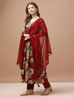 Alia Cut Rayon Embroidered & Floral Printed Kurta With Pant & Dupatta Premium, Multicolor - Hiral Fashion - Distacart