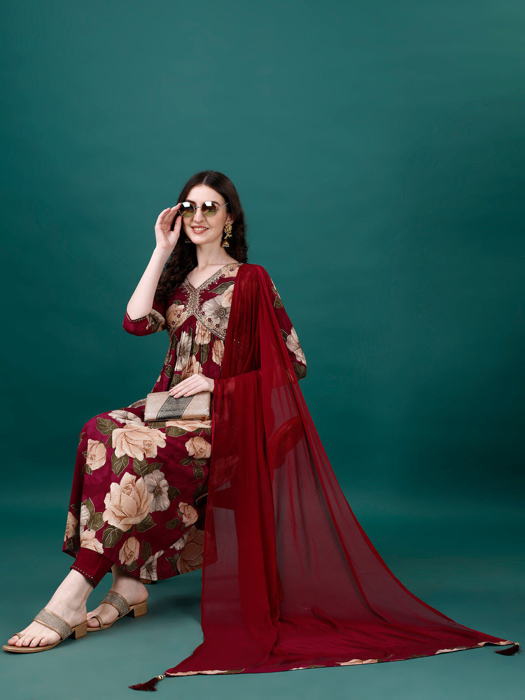 Alia Cut Rayon Embroidered & Floral Printed Kurta With Pant & Dupatta, Multicolor - Hiral Fashion - Distacart
