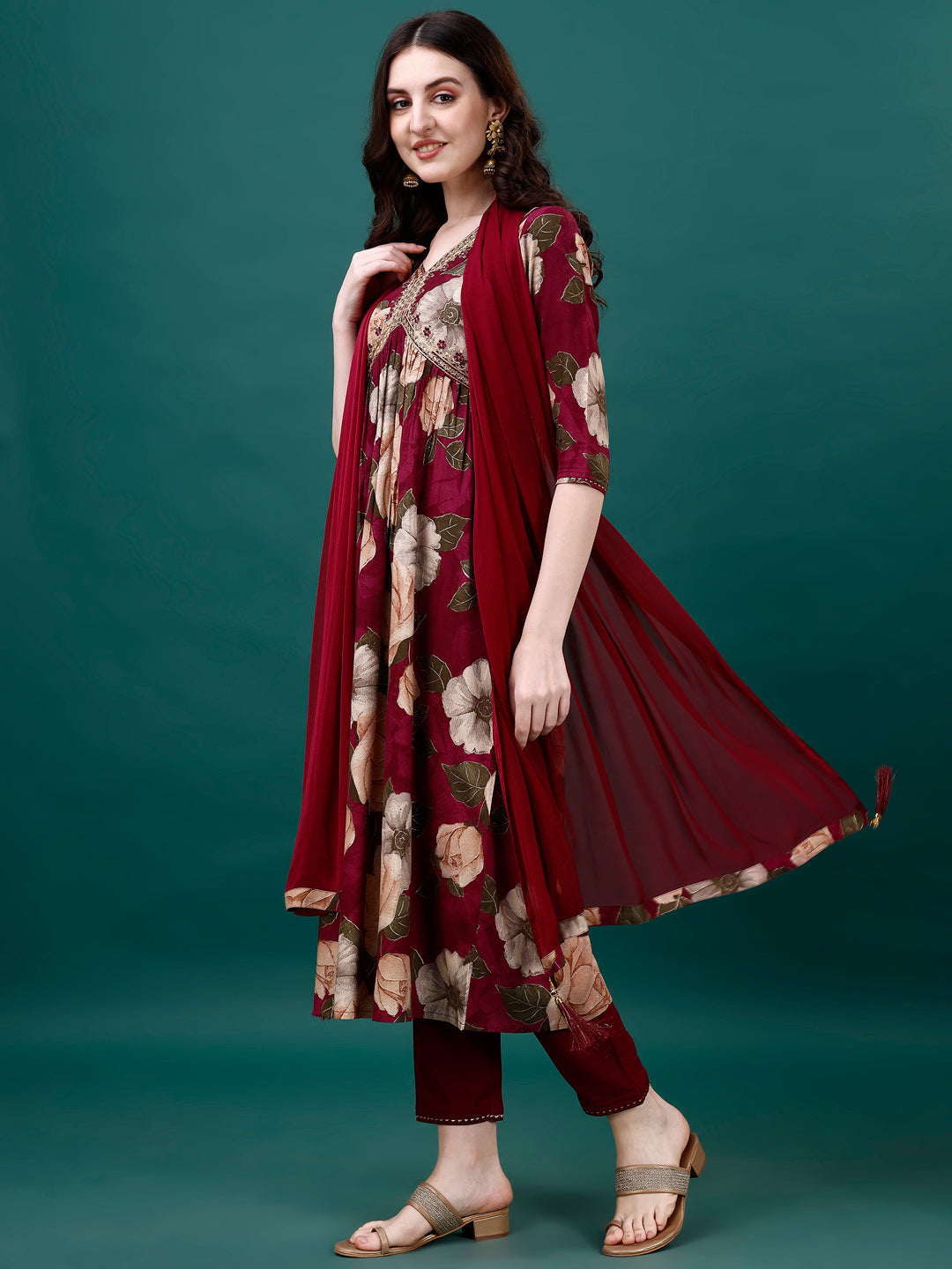 Alia Cut Rayon Embroidered & Floral Printed Kurta With Pant & Dupatta, Multicolor - Hiral Fashion - Distacart