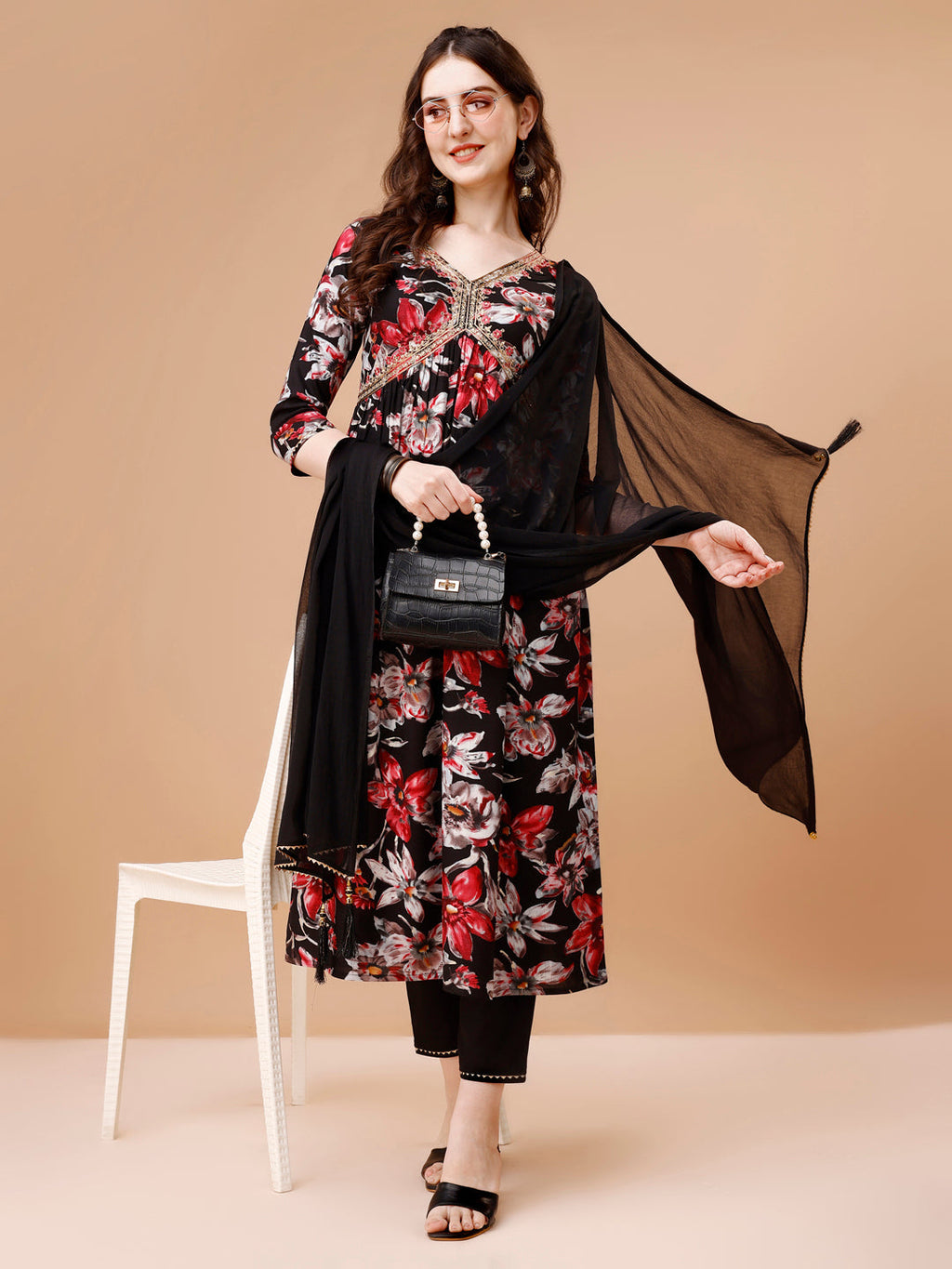 Alia Cut Embroidered & Floral Printed Rayon Kurta With Pant & Dupatta, Multicolor - Hiral Fashion - Distacart