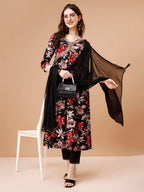 Alia Cut Embroidered & Floral Printed Rayon Kurta With Pant & Dupatta, Multicolor - Hiral Fashion - Distacart