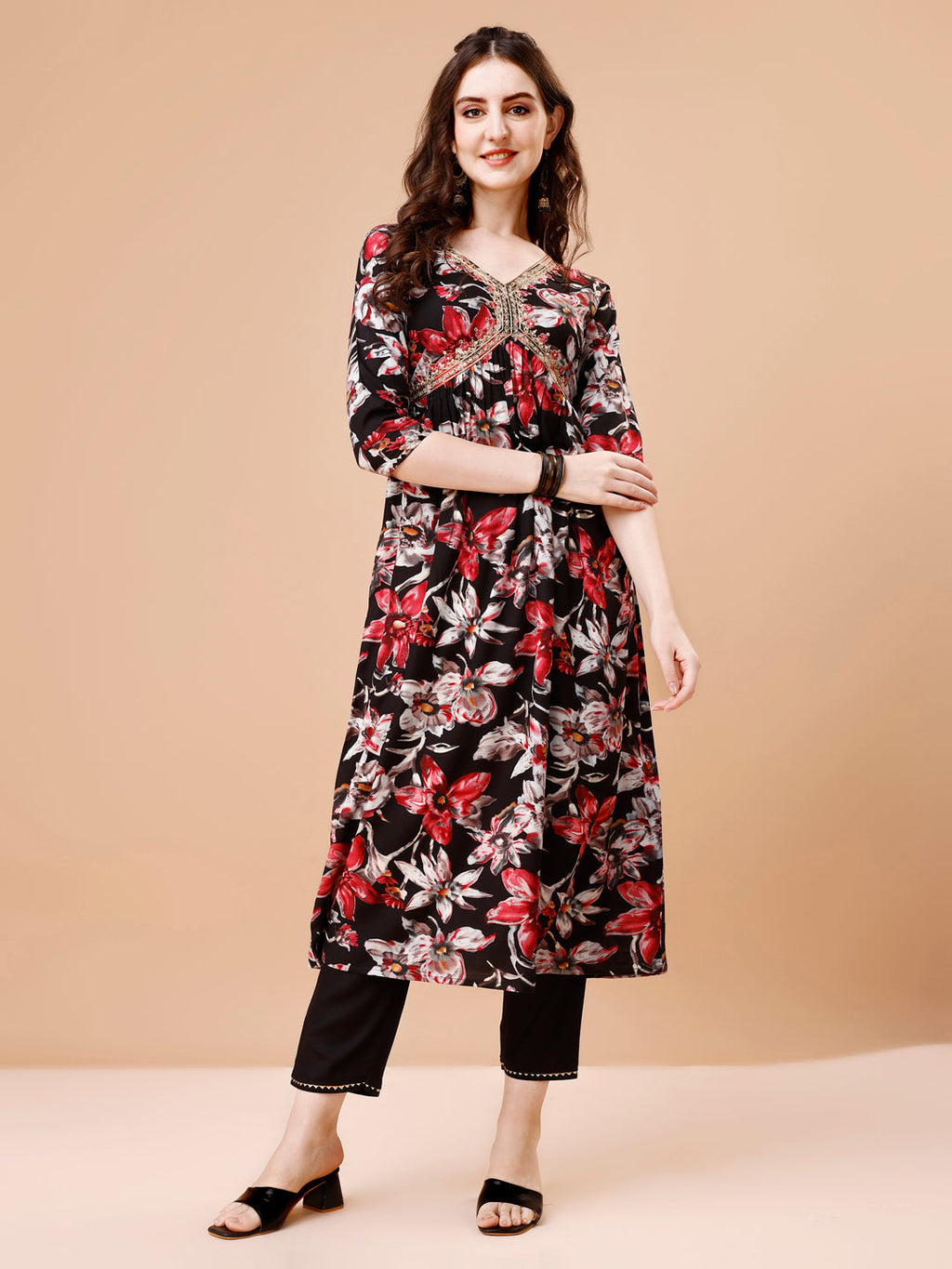 Alia Cut Embroidered & Floral Printed Rayon Kurta With Pant & Dupatta, Multicolor - Hiral Fashion - Distacart