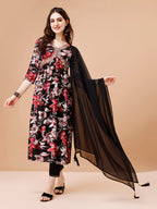 Alia Cut Embroidered & Floral Printed Rayon Kurta With Pant & Dupatta, Multicolor - Hiral Fashion - Distacart