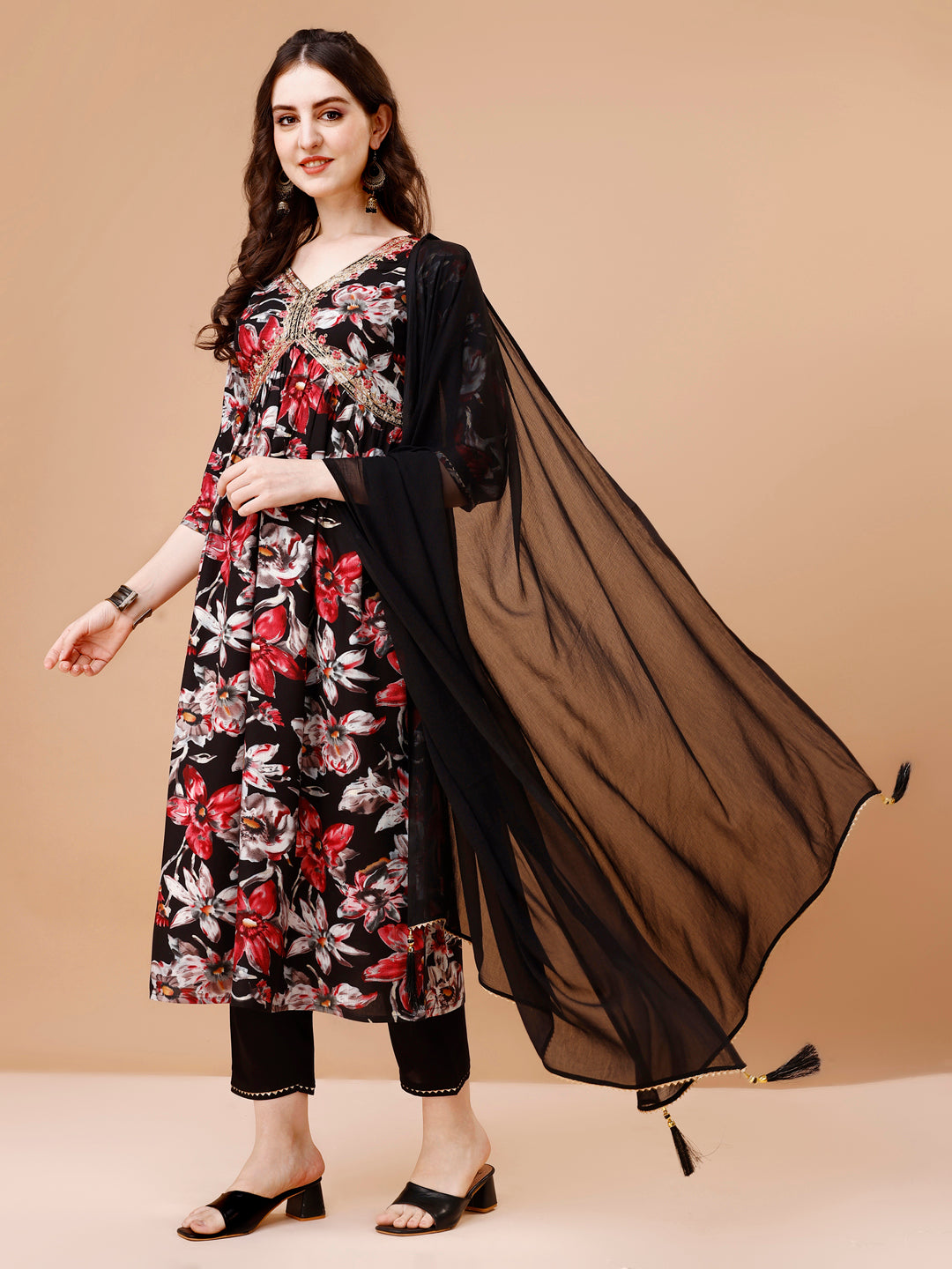 Alia Cut Embroidered & Floral Printed Rayon Kurta With Pant & Dupatta, Multicolor - Hiral Fashion - Distacart