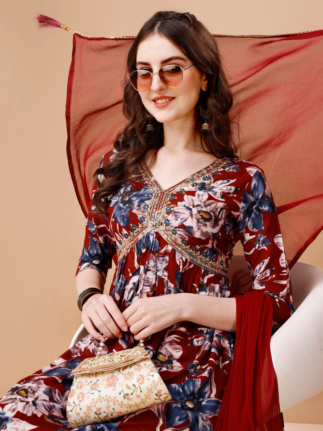 Alia Cut Embroidered & Floral Printed Rayon Kurta With Pant & Dupatta, Multicolor - Hiral Fashion