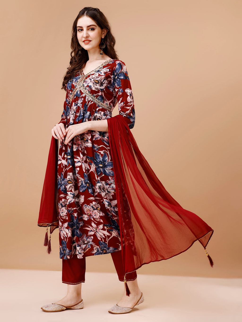 Alia Cut Embroidered & Floral Printed Rayon Kurta With Pant & Dupatta, Multicolor - Hiral Fashion