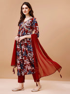 Alia Cut Embroidered & Floral Printed Rayon Kurta With Pant & Dupatta, Multicolor - Hiral Fashion
