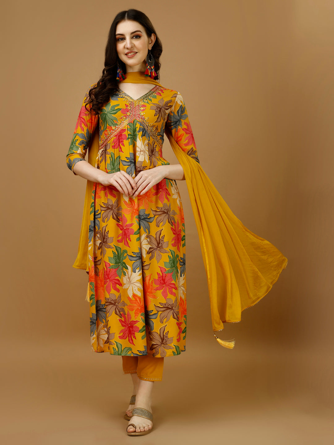 Alia Cut Rayon Embroidered & Floral Printed Kurta With Pant & Dupatta, Multicolor - Hiral Fashion - Distacart