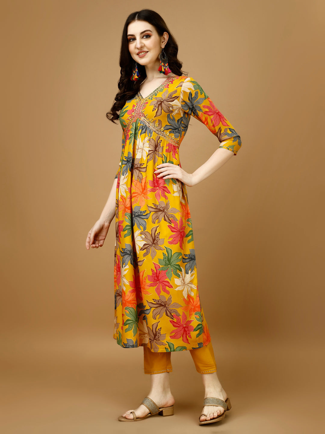 Alia Cut Rayon Embroidered & Floral Printed Kurta With Pant & Dupatta, Multicolor - Hiral Fashion - Distacart