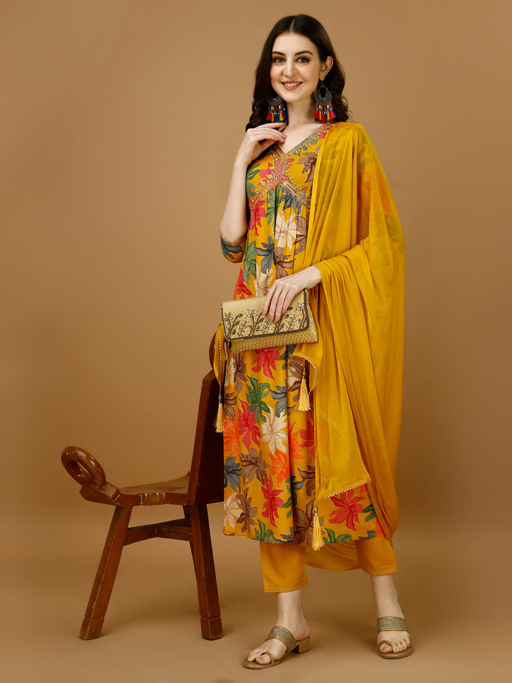 Alia Cut Rayon Embroidered & Floral Printed Kurta With Pant & Dupatta, Multicolor - Hiral Fashion - Distacart