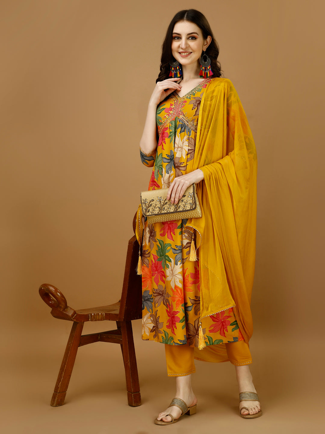 Alia Cut Rayon Embroidered & Floral Printed Kurta With Pant & Dupatta, Multicolor - Hiral Fashion - Distacart