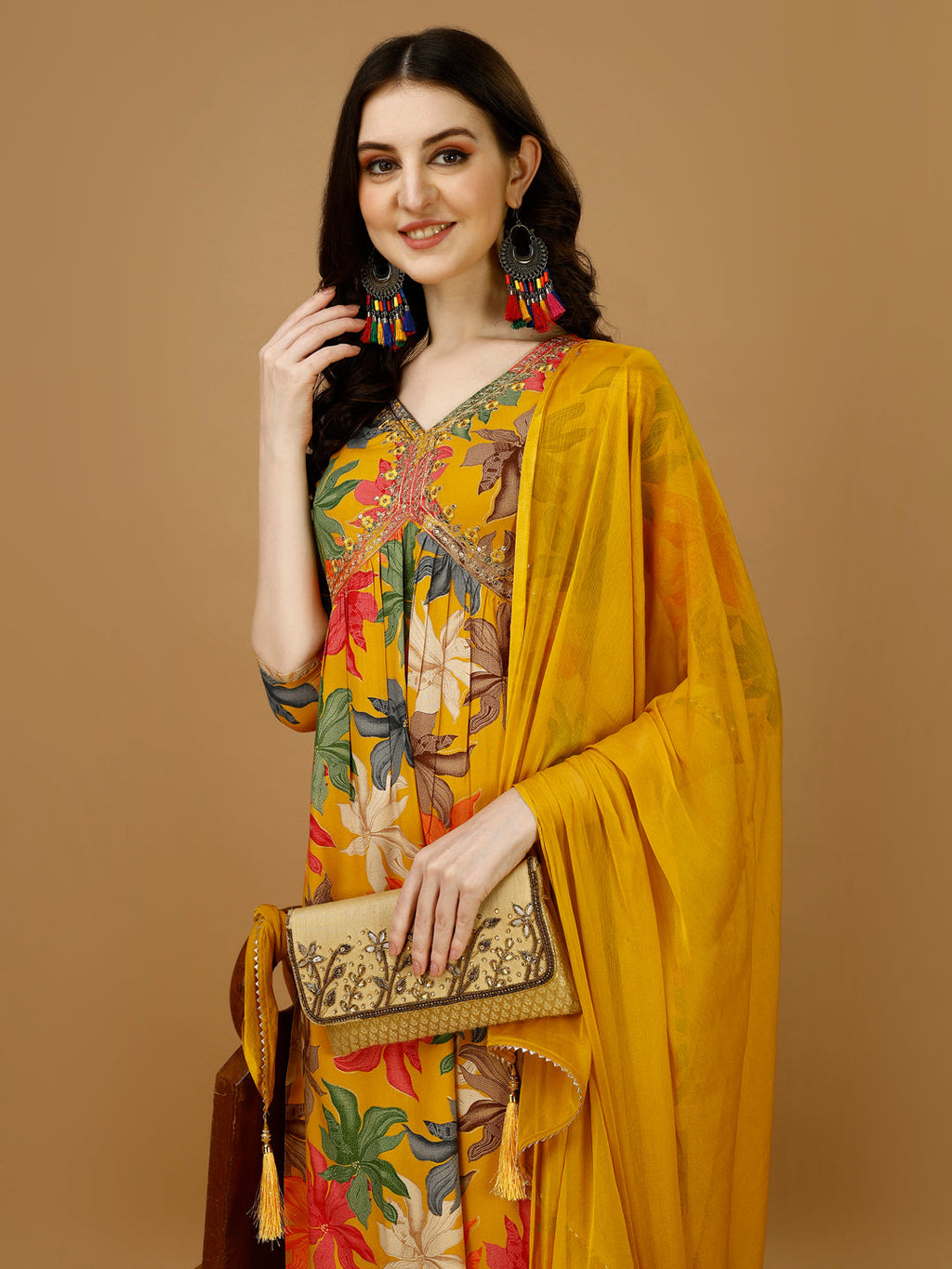 Alia Cut Rayon Embroidered & Floral Printed Kurta With Pant & Dupatta, Multicolor - Hiral Fashion - Distacart