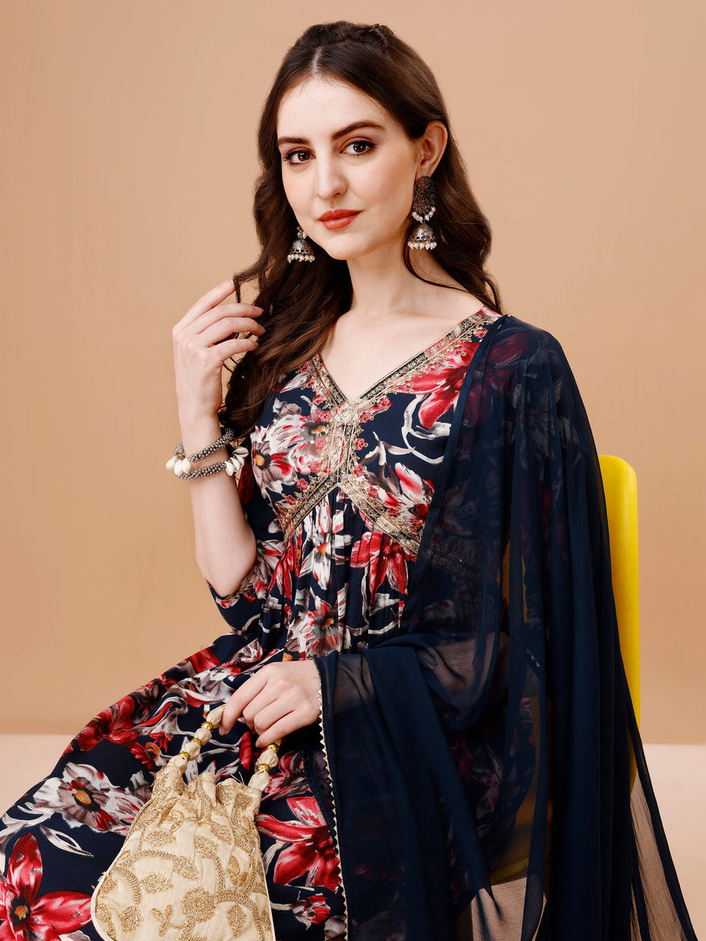 Alia Cut Embroidered & Floral Printed Rayon Kurta With Pant & Dupatta, Multicolor - Hiral Fashion