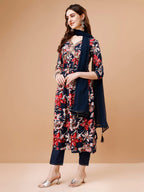 Alia Cut Embroidered & Floral Printed Rayon Kurta With Pant & Dupatta, Multicolor - Hiral Fashion