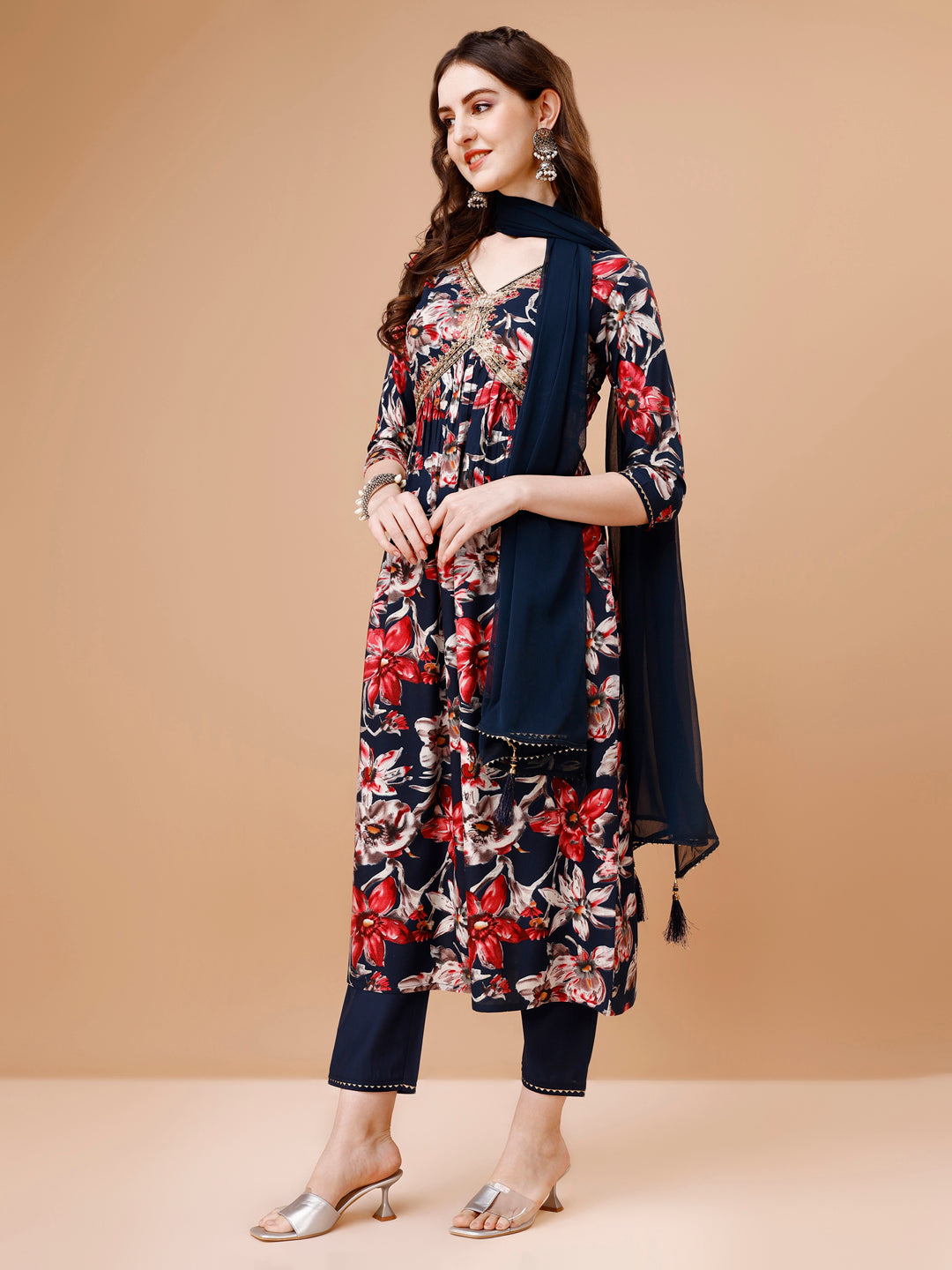 Alia Cut Embroidered & Floral Printed Rayon Kurta With Pant & Dupatta, Multicolor - Hiral Fashion