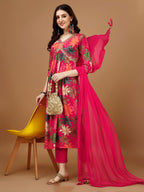 Alia Cut Rayon Embroidered & Floral Printed Kurta With Pant & Dupatta, Multicolor - Hiral Fashion - Distacart